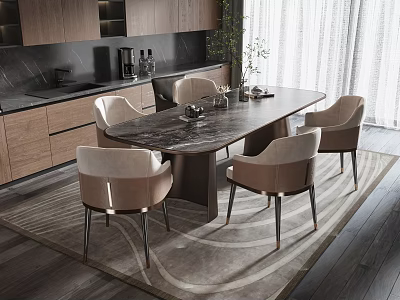 Modern Luxury Dining Table Set With Marble Top And Beige Upholstered Chairs 3d model