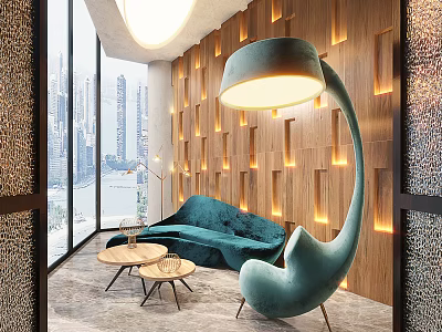 Modern Lounge Area With Blue Sofa Unique Floor Lamp Large Windows And Wooden Wall Lighting 3d model