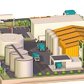 Cartoon Factory Scene With Yellow Roofed Building Storage Tanks Trucks Roads And Greenery