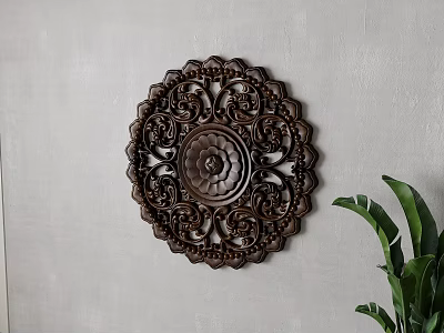 Dark Brown Wooden Circular Wall Hanging With Carved Lotus Patterns On Light Gray Wall 3d model