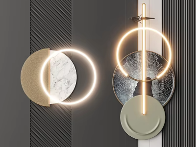 Modern Circular Wall Decor With Illuminated LED Rings Beige Marble Silver Mesh And Green Elements 3d model
