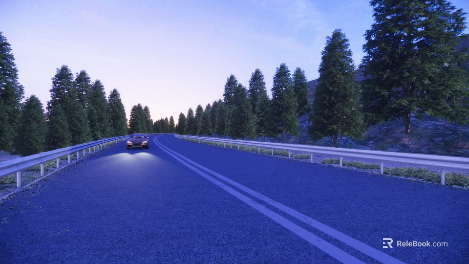 Municipal Road With Moving Car Lined By Trees And Guardrails At Dusk 3d model 