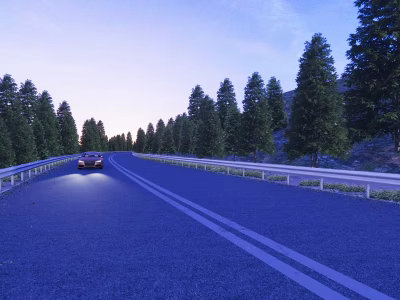 Municipal Road With Moving Car Lined By Trees And Guardrails At Dusk 3d model