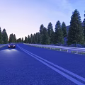 Municipal Road With Moving Car Lined By Trees And Guardrails At Dusk