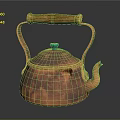 Copper Teapot with Wooden Handle Blue Lid Top Shiny Surface Classic Design on Dark Background
