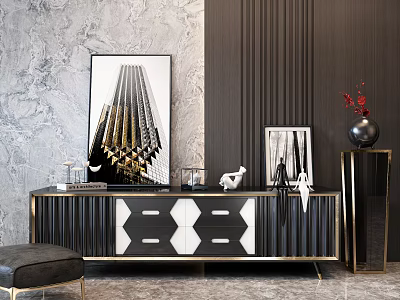 Modern TV Stand With Black And White Geometric Drawers Metal Legs And Textured Background Wall 3d model