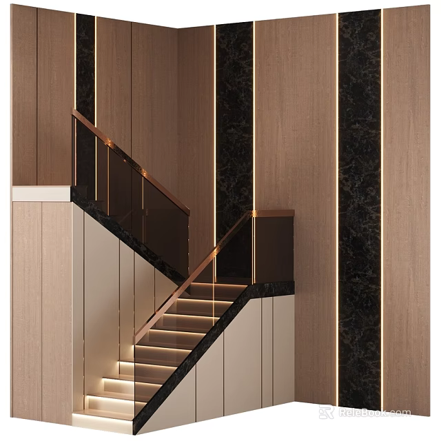 Modern Luxury Staircase With Wooden Walls Black Marble Gold Railings And Lighting 3d model 