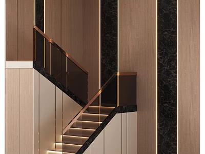 Modern Luxury Staircase With Wooden Walls Black Marble Gold Railings And Lighting 3d model