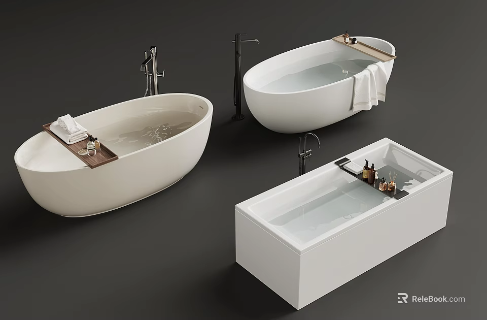 Oval and Rectangular White Bathtubs Featuring Faucets Towel Tray and Bath Accessories 3d model 