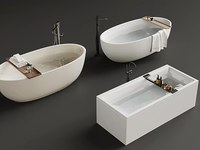 Oval and Rectangular White Bathtubs Featuring Faucets Towel Tray and Bath Accessories 3d model