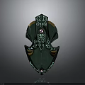 Green Decorative Shield with Intricate Patterns Gold Accents and Purple Gemstone Design