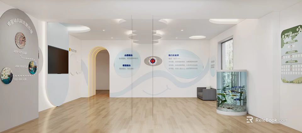 Kindergarten Interior With Glass Partition Blue Wave Wall Wooden Floor And Fish Tank 3d model 