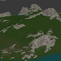 Realistic 3D Waterfront Landscape with Island Green Vegetation and Rocky Mountains