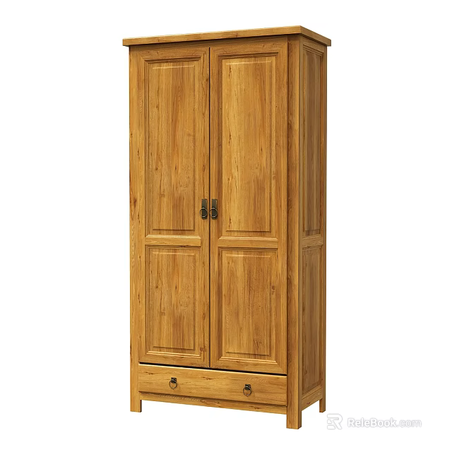Solid Wood Double Door Wardrobe With Simple Design And Bottom Storage Drawers 3d model 