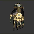 Character's Steampunk Mechanical Hand With Gold Accents Green Components And Gears