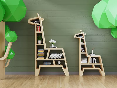 Cute Giraffe Shaped Wooden Bookshelves with Books Potted Plants and Green Wall Decor 3d model