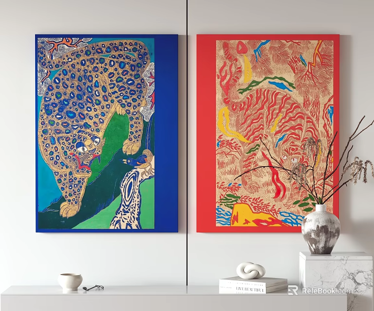 Colorful Decorative Paintings Leopard Abstract Patterns Blue Red Backgrounds With Vase 3d model