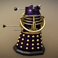 Purple And Gold Robot Character With Spherical Armor Sensors And Mechanical Arm