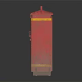 Red Metal Cabinet With Stick No Bills Sign And Yellow Stripes