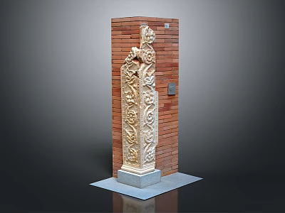 Rural Scenic Landscape With Red Brick Wall And Ornate Carved Stone Pillar 3d model