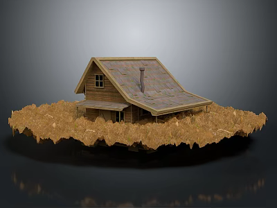 Rustic Wooden Cabin With Tiled Roof Chimney And Window On Hay Covered Ground 3d model