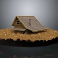 Rustic Wooden Cabin With Tiled Roof Chimney And Window On Hay Covered Ground