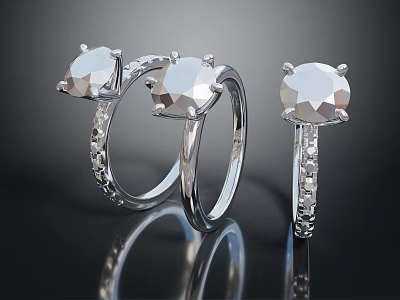 Three Elegant Silver Rings With Large Transparent Gemstones And Small Diamond Decorations 3d model