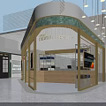 Shopping Mall Lobby Interior With Green Arch Structures Wooden Counters And Colorful Floor Tiles