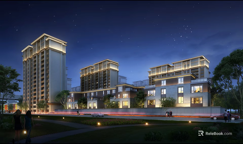Modern Residential Buildings Night View With Illuminated Windows And Landscaped Gardens 3d model 
