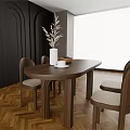 Wooden Oval Dining Table Set With Four Chairs And Vase On Herringbone Floor 3d model