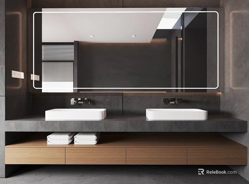 Modern Bathroom Vanity with Double White Sinks LED Mirror and Wooden Drawers 3d model 