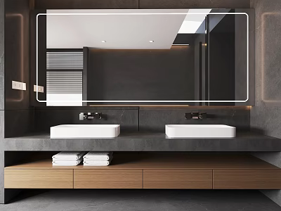 Modern Bathroom Vanity with Double White Sinks LED Mirror and Wooden Drawers 3d model