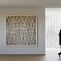 Person Walking In Room With Large Decorative Painting White Wall Natural Light And Window Blinds
