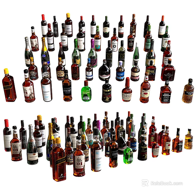 Wine Bottles and Glasses Collection with Assorted Colors and Designs 3d model 
