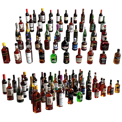 Wine Bottles and Glasses Collection with Assorted Colors and Designs 3d model