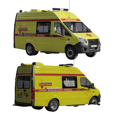 Yellow Ambulance With Red Cross Central Emergency Services And Roof Lights 3d model