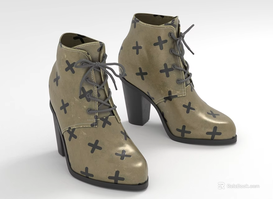 Tan Ankle Boots With Black Cross Patterns And Lace Up Block Heels Design 3d model 