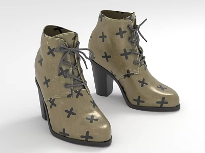 Tan Ankle Boots With Black Cross Patterns And Lace Up Block Heels Design 3d model