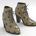 Tan Ankle Boots With Black Cross Patterns And Lace Up Block Heels Design