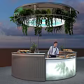 Modern Round Bar Counter With Hanging Green Plants Bartender And Sunset Sky