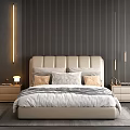 Modern Double Bed Interior With Beige Headboard Pillows Nightstands Table Lamps And Wall Paneling