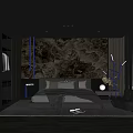 Modern Dark Bedroom Interior With Rock Texture Wall Wooden Wardrobe Gray Bed Floor Lamp