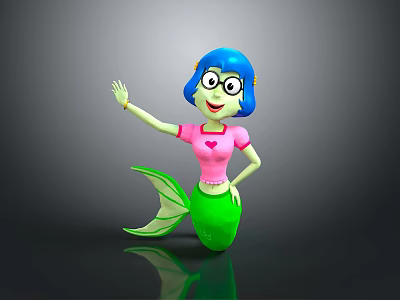 Cartoon Mermaid Character With Blue Hair Glasses Pink Heart Top Green Tail Waving Hand 3d model