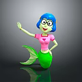 Cartoon Mermaid Character With Blue Hair Glasses Pink Heart Top Green Tail Waving Hand