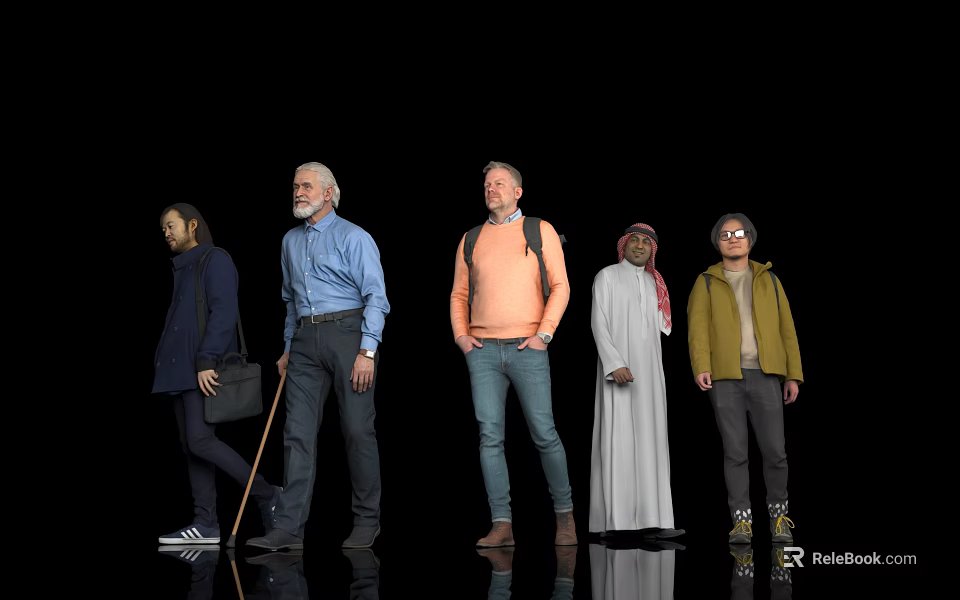 Diverse Group Of People With Different Ages And Outfits Standing Against Black Background 3d model 