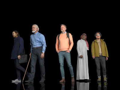 Diverse Group Of People With Different Ages And Outfits Standing Against Black Background 3d model