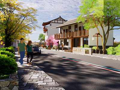 Picturesque Village Street With Stone Path People Walking Traditional Houses Trees And Car 3d model