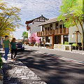Picturesque Village Street With Stone Path People Walking Traditional Houses Trees And Car
