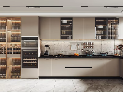 Elegant Modern Kitchen Interior With Built-in Oven Glass Door Cabinets Marble Countertop And Wine Cooler 3d model