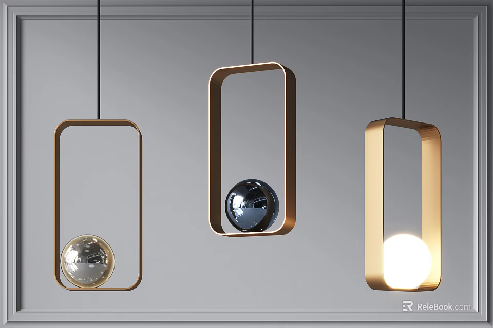 Modern Pendant Lights With Rectangular Golden Frames Metallic Sphere And Glowing Bulb Design 3d model